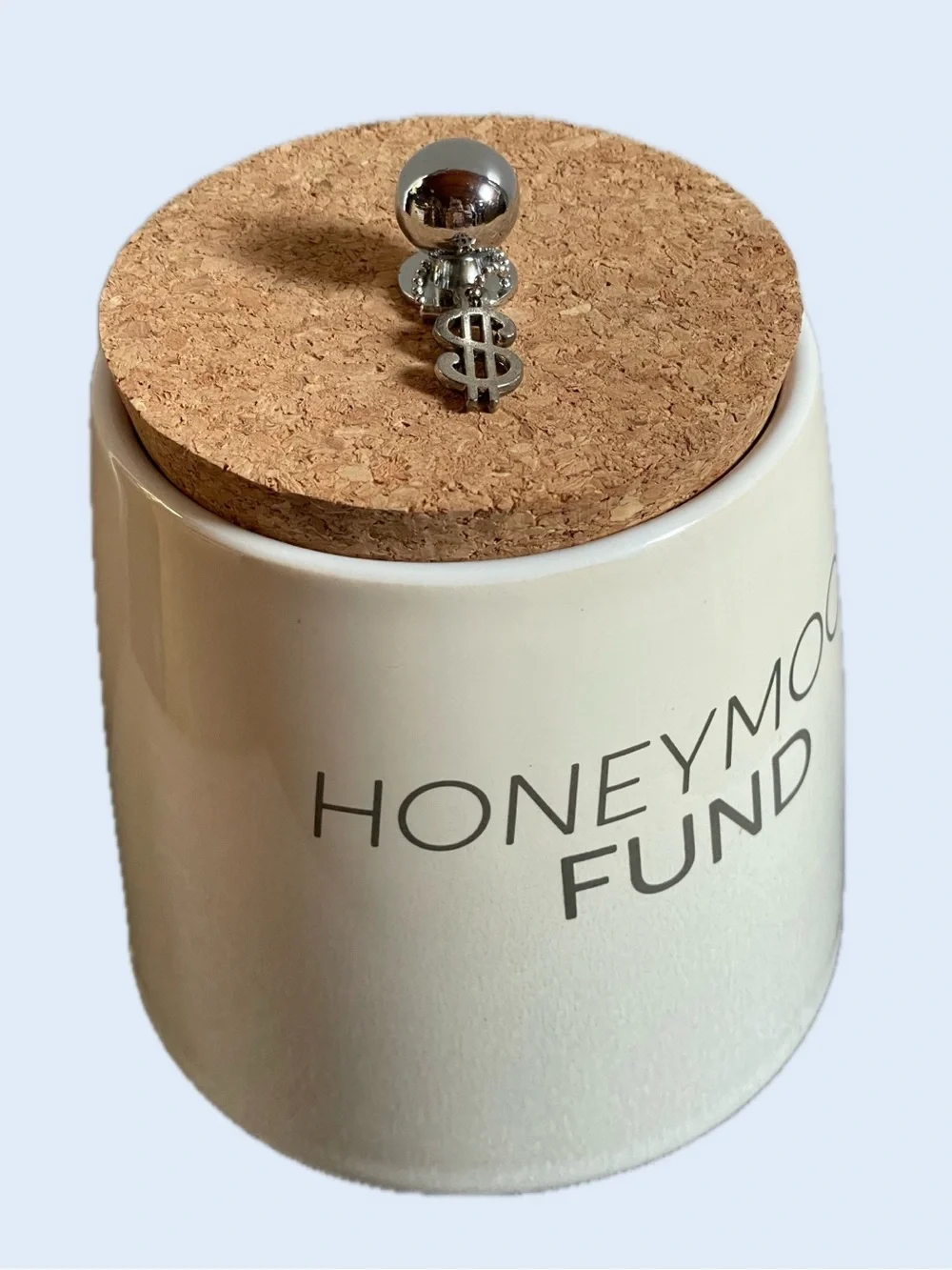 Honeymoon Fund Ceramic Money Jar with Cork Lid & Cute Little Metal Money Design